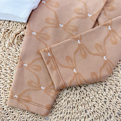 Conj. Casaco de Moletom Laço e Calça Legging Corações - Areia e Off White